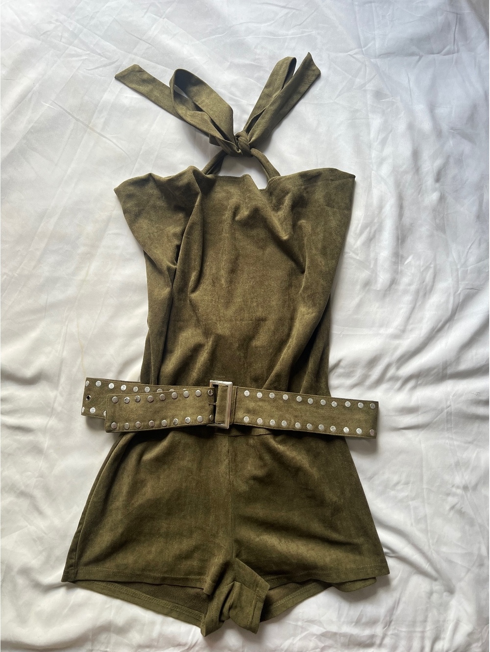 Fashion Nova Olive Navy Green Halter Romper
